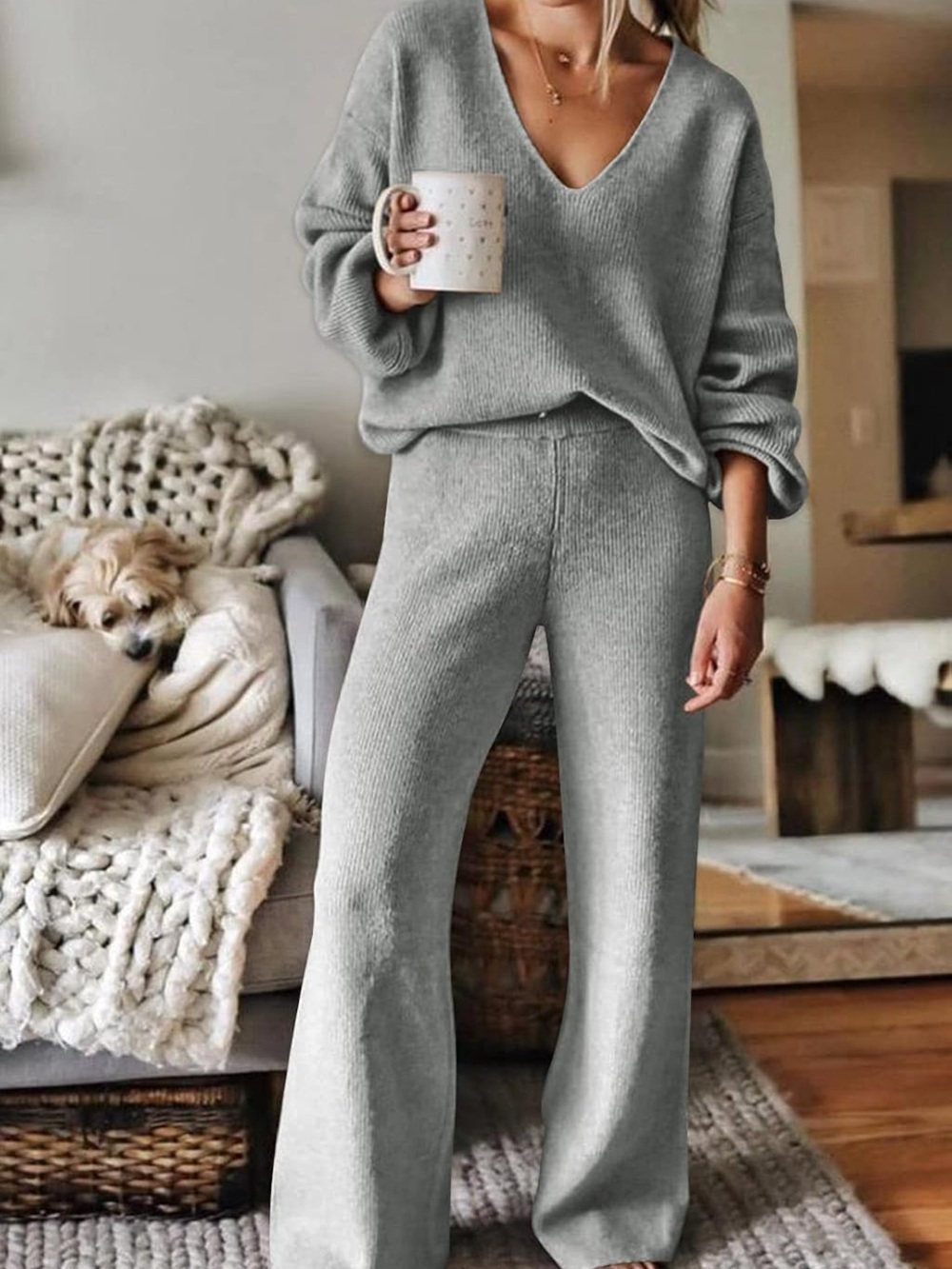 Gray V-Neck Sweater and Pants Set